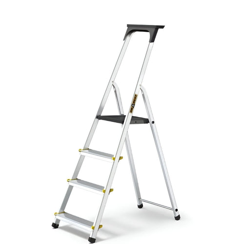 Drabest Scala In Alluminio Con Ripiano, 4 Gradini, Scala A Pioli Fino A 150 Kg, Scala Domestica, Scala Pieghevole (4 Livelli)