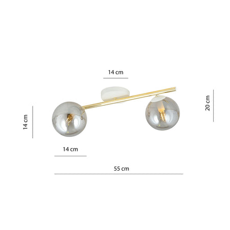 Plafoniera Contemporanea 2 Luci Splendi In Acciaio Oro/Bianco E Sfere Vetro Fumè
