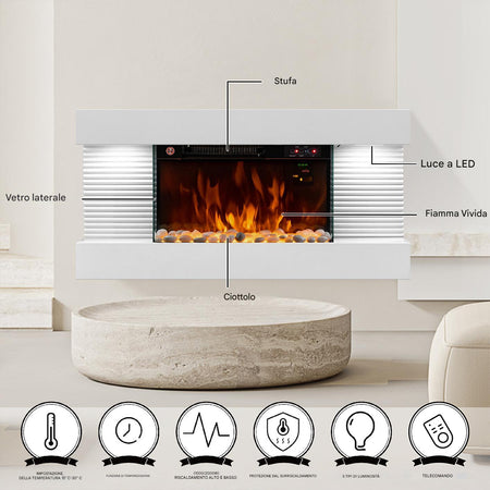 Camino Elettrico da Parete con LED Fiamma Realistica e Telecomando 2000W 82cm