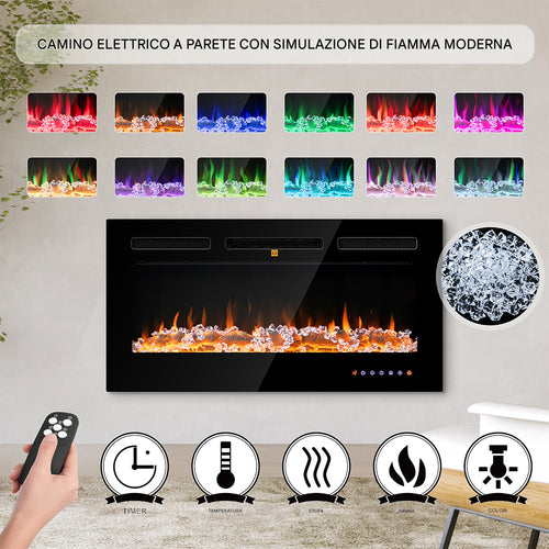 Camino Elettrico a Incasso Riscaldante Parete Fiamma Regolabile Telecomando 91cm