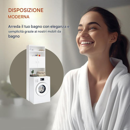 Mobile per Lavatrice da Bagno con Armadio e Ripiani, Legno MDF Bianco 63x20H185