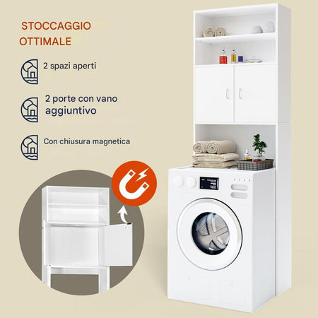 Mobile per Lavatrice da Bagno con Armadio e Ripiani, Legno MDF Bianco 63x20H185