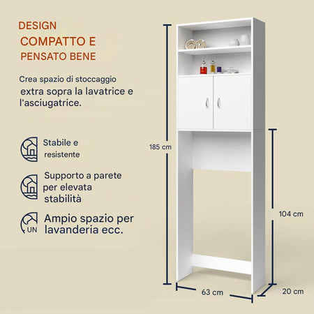 Mobile per Lavatrice da Bagno con Armadio e Ripiani, Legno MDF Bianco 63x20H185