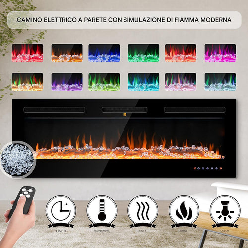 Camino Elettrico a Incasso Riscaldante Parete Fiamma Regolabile Telecomando 132cm