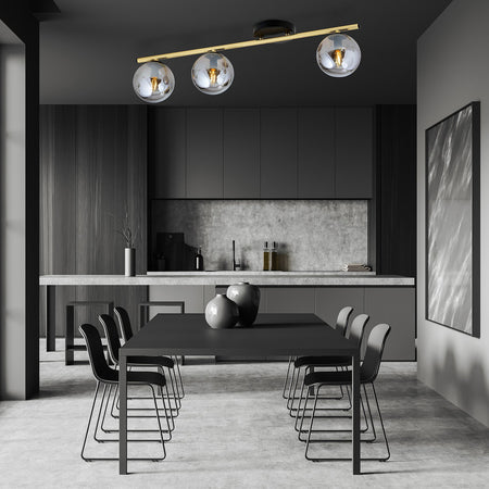 Plafoniera Contemporanea 3 Luci Monza In Acciaio Oro E Sfere Vetro Fumè