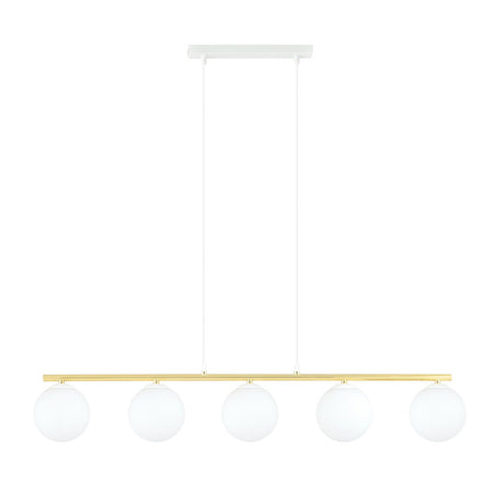 Sospensione Contemporanea 5 Luci Alora In Acciaio Oro E Sfere Vetro Bianco