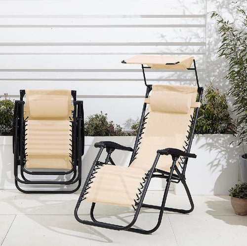 Sedia Sdraio con Parasole Gravità Zero Reclinabile Pieghevole Poggiatesta Crema