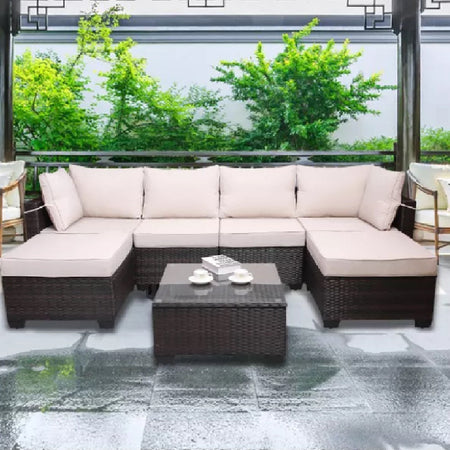 Set Divano Modulabile da Giardino in Polyrattan Cuscini Sfoderabili Beige Tavolino