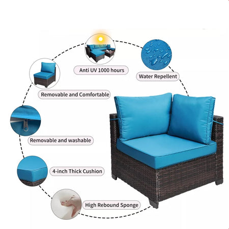 Set Divano Modulabile da Giardino in Polyrattan Cuscini Sfoderabili Blu Tavolino