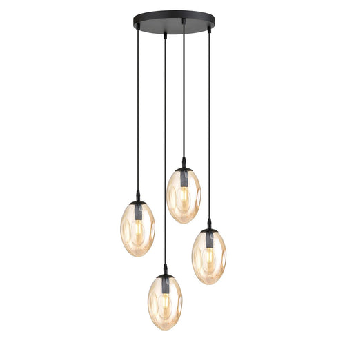 Sospensione Minimal 4 Luci Astral Acciaio Nero E Vetro Ambra