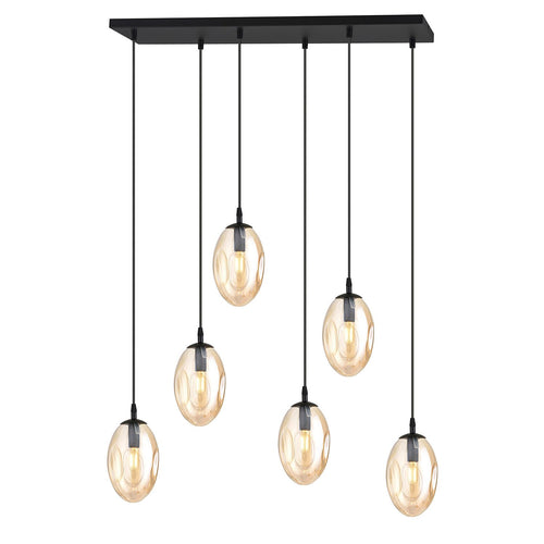 Sospensione Minimal 6 Luci Astral Acciaio Nero E Vetro Ambra