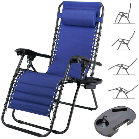 Sedia Poltrona Giardino Gravità Zero Pieghevole Acciaio Oxford con Vassoio Laterale Blu