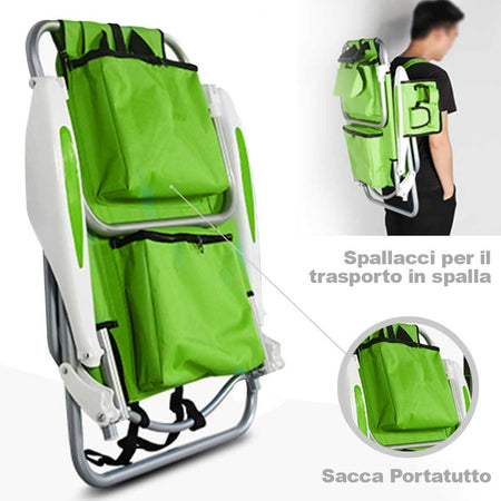 Spiaggina Pieghevole Alluminio con Borsa Termica Reclinabile e Spallacci Verde
