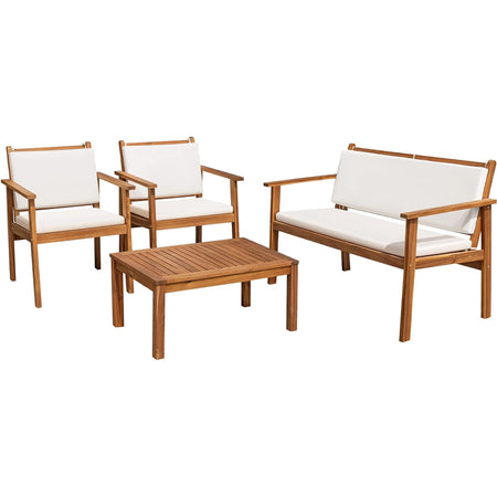 Set da Giardino in Legno di Acacia con Divanetto, 2 Sedie e Tavolino, Cuscini inclusi