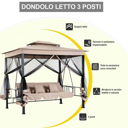 Dondolo Letto 3 posti con Gazebo Parasole e Zanzariera per Giardino 2.57mt Beige
