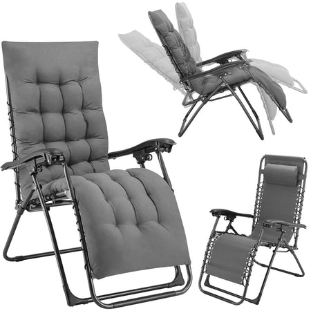 Poltrona da Giardino Pieghevole con Cuscino Imbottito e Struttura in Acciaio Grigio