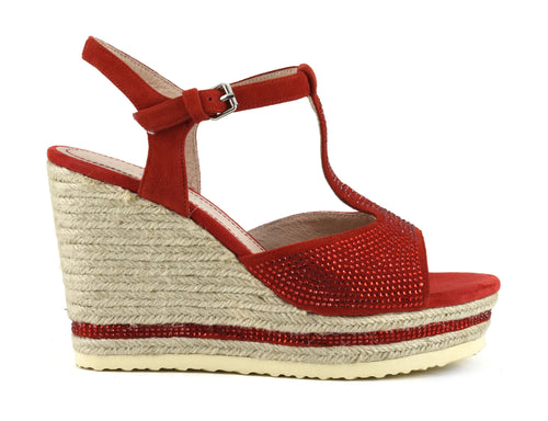 SANDALO MODELLO T SU ZEPPA CORDA CON CAMOSCIO E STRASS