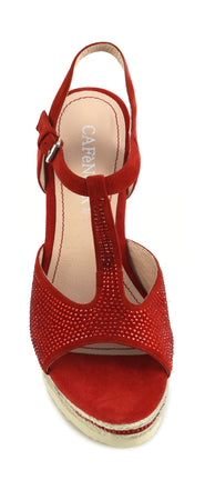 SANDALO MODELLO "T" SU ZEPPA CORDA CON CAMOSCIO E STRASS