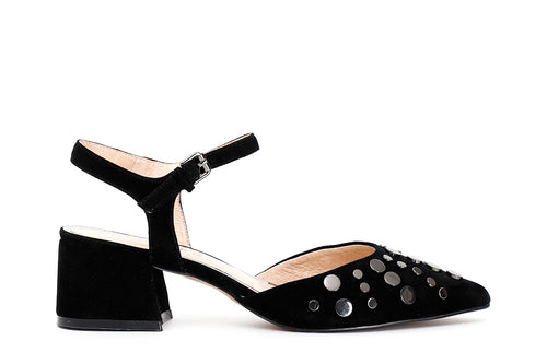 SCARPA GILDA CON TACCO IN CAMOSCIO E BORCHIE