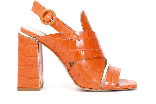 SANDALO LINGUETTONE TACCO ALTO IN PELLESTAMPA COCCO