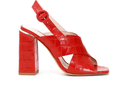 SANDALO INCROCIO TACCO ALTO IN PELLE STAMPA COCCO