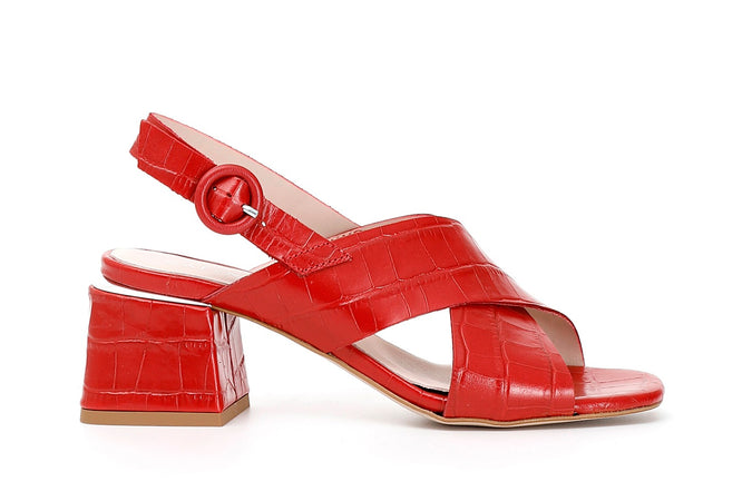 SANDALO INCROCIO TACCO MEDIO IN COCCO STAMPATO