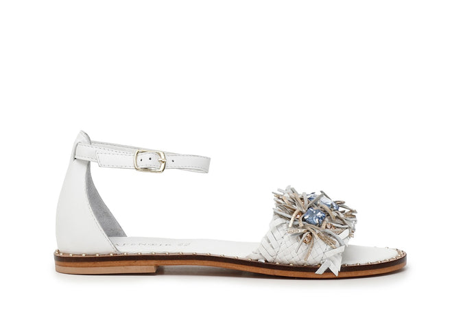 SANDALO FASCIA DAVANTI IN PELLE INTRECCIATA E TOPPONE CON ACC. STRASS