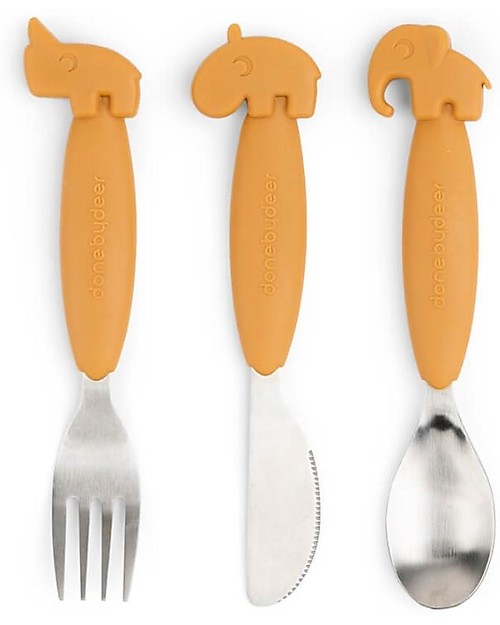 Set 3 Posate Anti-Scivolo - Forchetta, Cucchiaio e Coltello - Mostarda Done By Deer