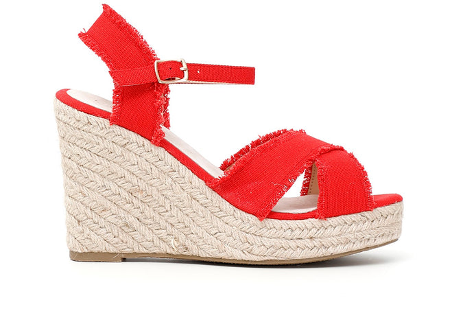 SANDALO CON TESSUTO SFRANGIATO SU ZEPPACORDA