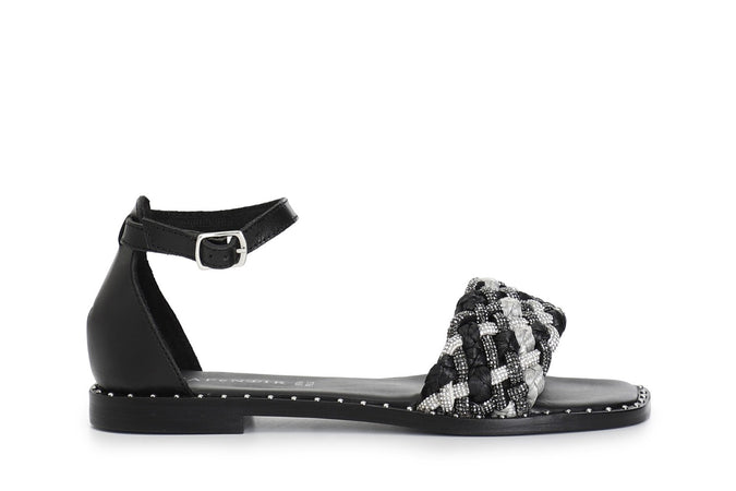 SANDALO CHIUSO DIETRO FASCIA STRASS E RAFFIA INTRECCIATA