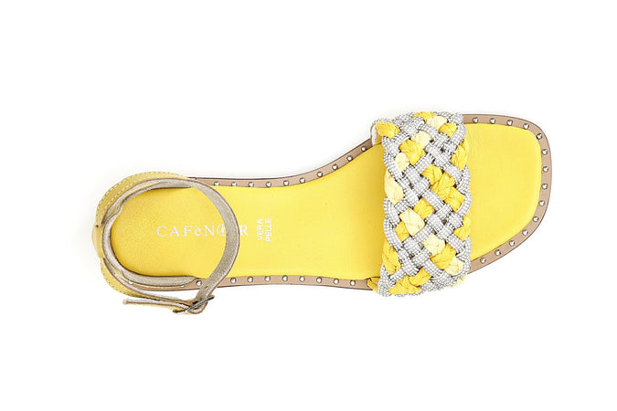 SANDALO CHIUSO DIETRO FASCIA STRASS E RAFFIA INTRECCIATA