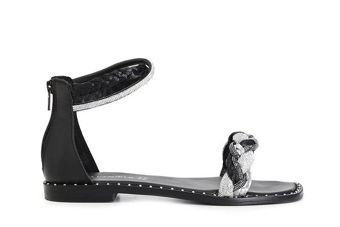 SANDALO FASCIA STRASS E RAFFIA INTRECCIATA ZIP DIETRO