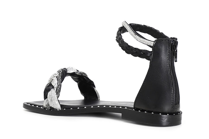 SANDALO FASCIA STRASS E RAFFIA INTRECCIATA ZIP DIETRO