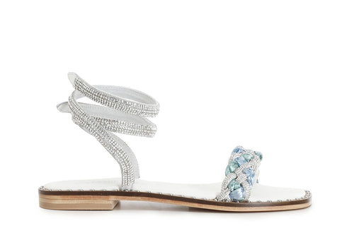 SANDALO LACCIO ALLA CAVIGLIA FASCIA STRASS E RAFFIA INTRECCIATA