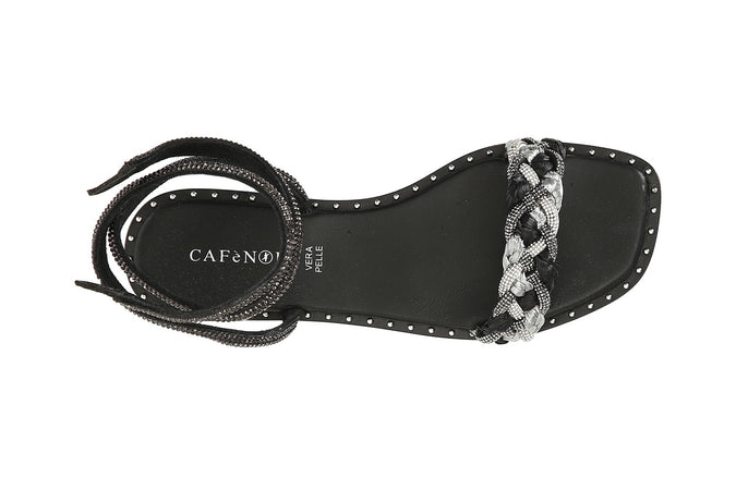 SANDALO LACCIO ALLA CAVIGLIA FASCIA STRASS E RAFFIA INTRECCIATA