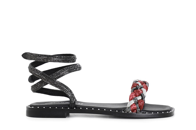 SANDALO LACCIO ALLA CAVIGLIA FASCIA STRASS E RAFFIA INTRECCIATA