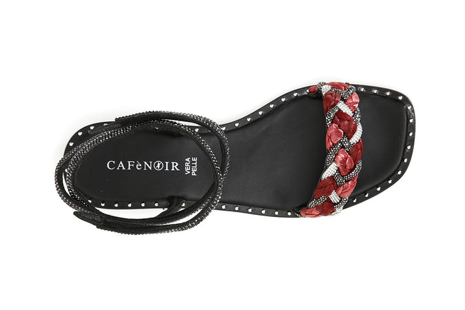 SANDALO LACCIO ALLA CAVIGLIA FASCIA STRASS E RAFFIA INTRECCIATA