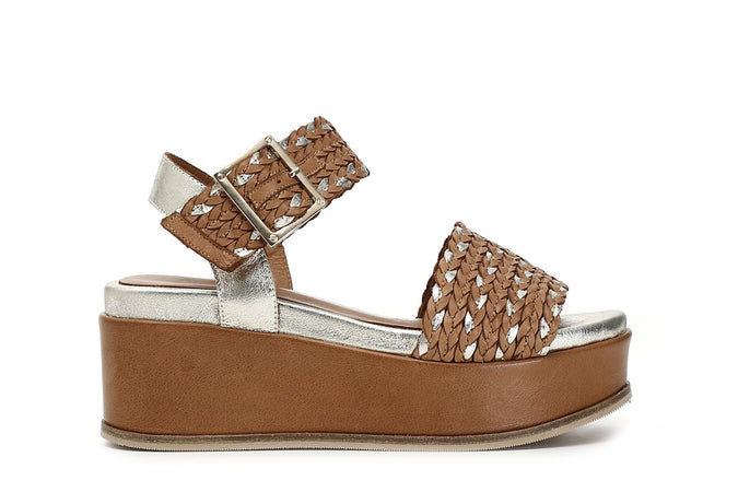 SANDALO INTRECCIO LAMINATO SU ZEPPA IN PELLE