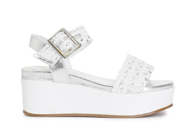 SANDALO INTRECCIO LAMINATO SU ZEPPA IN PELLE