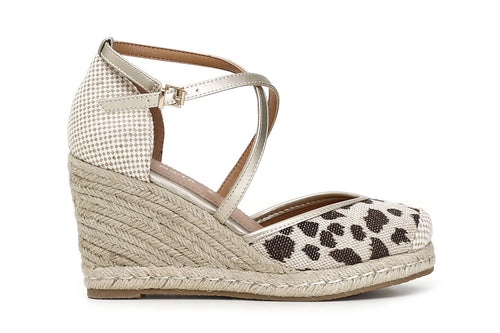 SANDALI IN TESSUTO STAMPA ANIMALIER SU ZEPPA CORDA