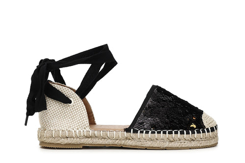 SANDALI IN TESSUTO CON PAILLETTES SU FONDO CORDA