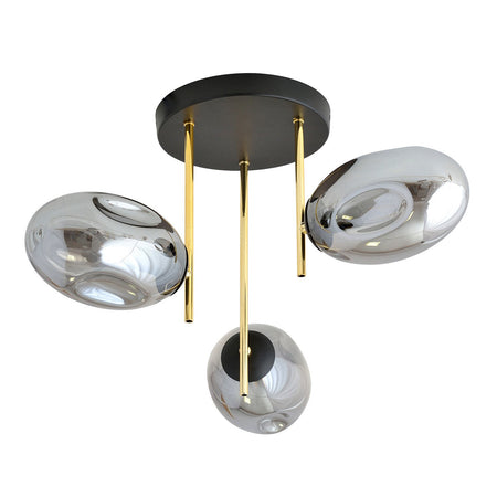Plafoniera Contemporanea Argo 3 Luci In Acciaio Nero Oro E Diffusori Vetro Fumè