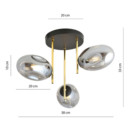 Plafoniera Contemporanea Argo 3 Luci In Acciaio Nero Oro E Diffusori Vetro Fumè