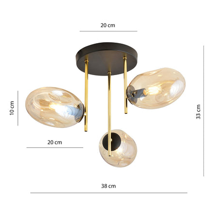 Plafoniera Contemporanea Argo 3 Luci In Acciaio Nero Oro E Diffusori Vetro Ambra