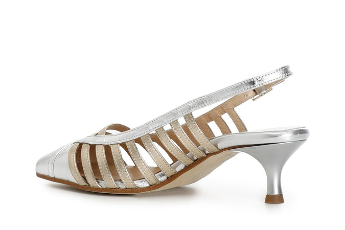 SCARPE GABBIA APERTE DIETRO IN PELLE METALLIZZATA