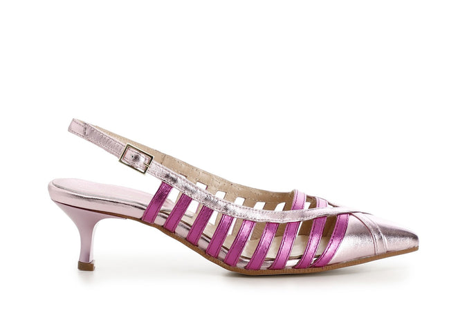 SCARPE GABBIA APERTE DIETRO IN PELLE METALLIZZATA