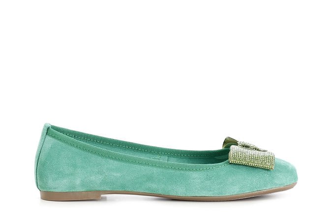 BALLERINA IN PELLE SCAMOSCIATA CON FIOCCO IN MICROSTRASS