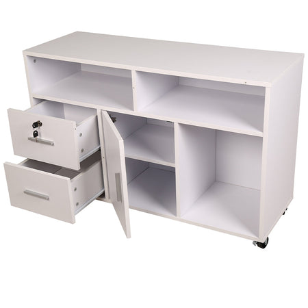 Mobile Multiuso Ufficio Bianco con 3 Mensole, 2 Cassetti e Armadietto con Chiave 4Ruote