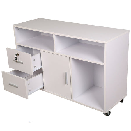 Mobile Multiuso Ufficio Bianco con 3 Mensole, 2 Cassetti e Armadietto con Chiave 4Ruote