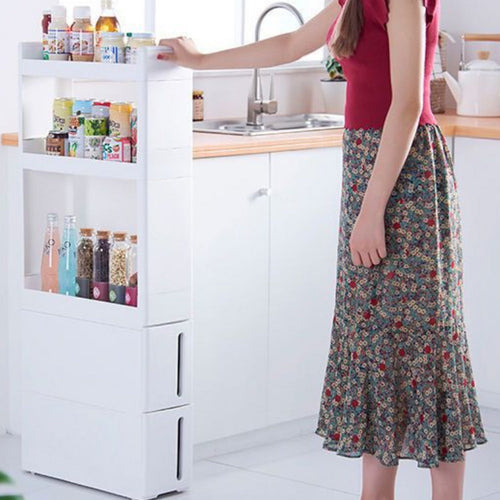 Carrello Cucina Slim Salvaspazio 4 Ruote 3 Ripiani 2 Cassetti Bianco 45x17 H106cm